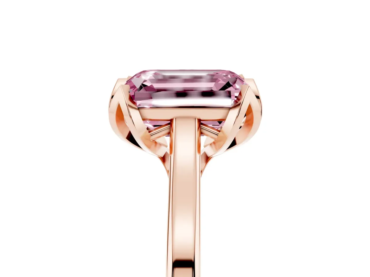 Fancy Pink Emerald Cut Diamond Solitaire Ring with Flower Prong Setting and Classic Band Rose gold