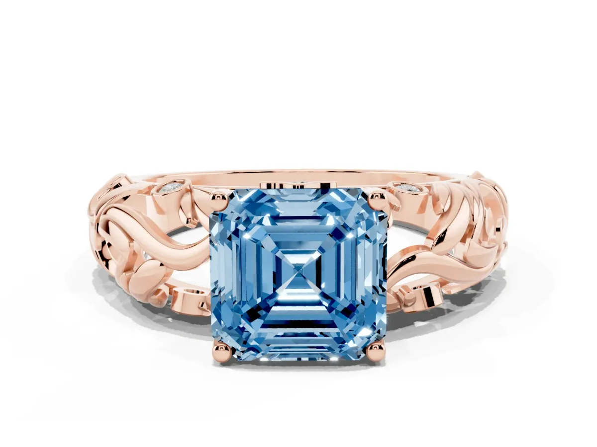 Fancy Blue Asscher Cut Solitaire Diamond Leaf-Inspired Vine Band Ring with Prong Setting Rose gold