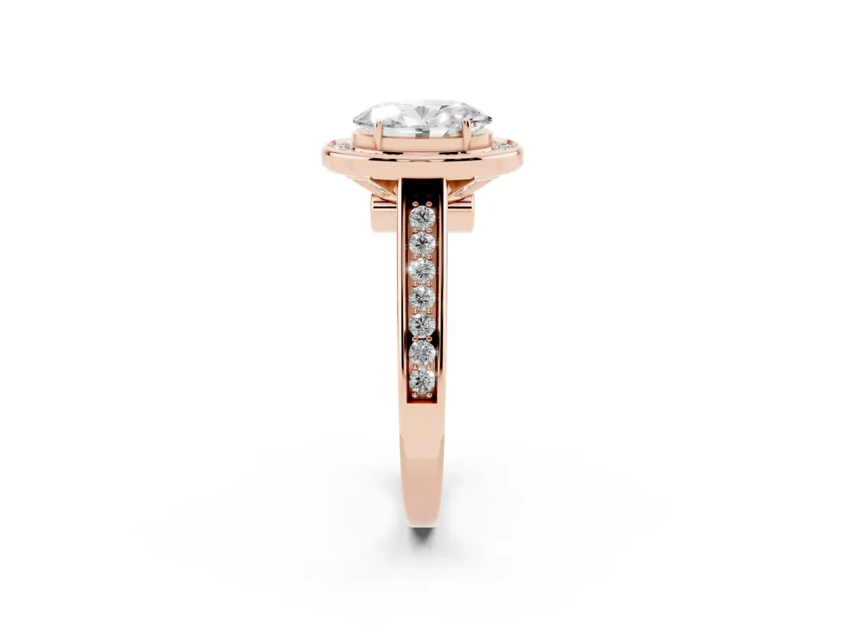 Oval Cut Halo Solitaire Diamond Ring with Pave Band and Bezel Setting Rose gold