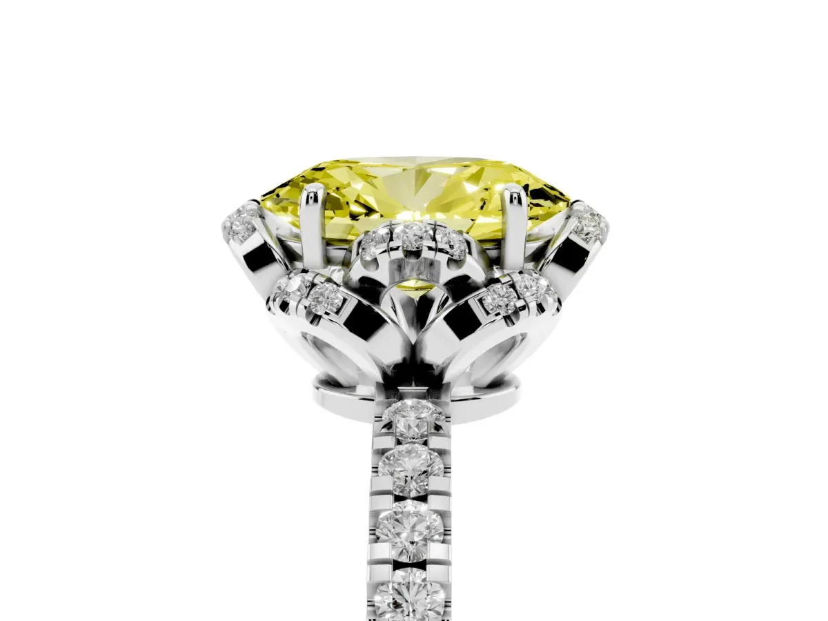 Fancy Yellow Oval Cut Halo Diamond Pave Band Ring with Four-Prong Setting Silver