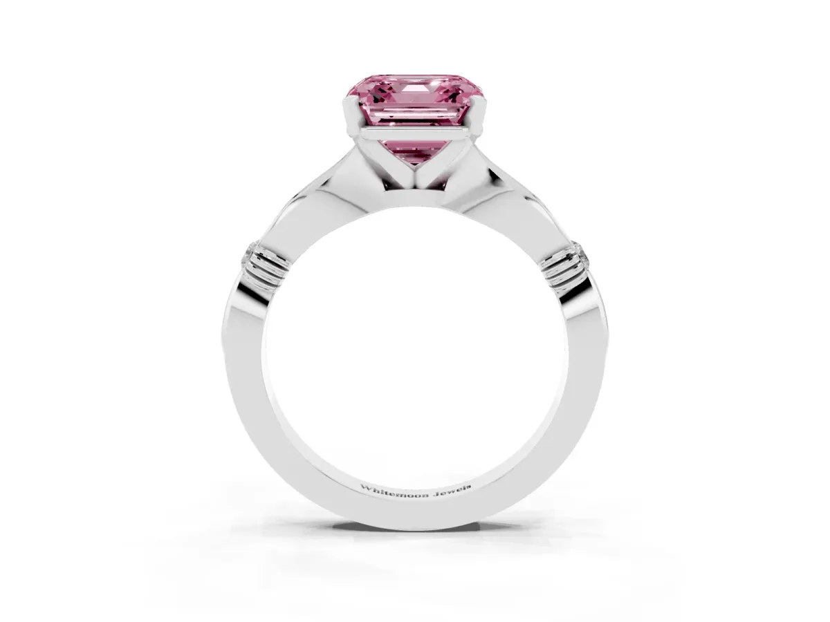 Fancy Pink Asscher Cut Solitaire Diamond Twisted Band with Four-Prong Setting Silver