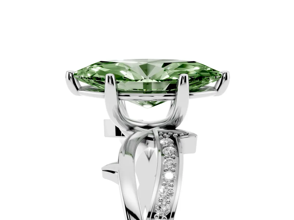Fancy Green Marquise Cut Solitaire Twist Band with Pavé Accents and Four-Prong Setting White gold