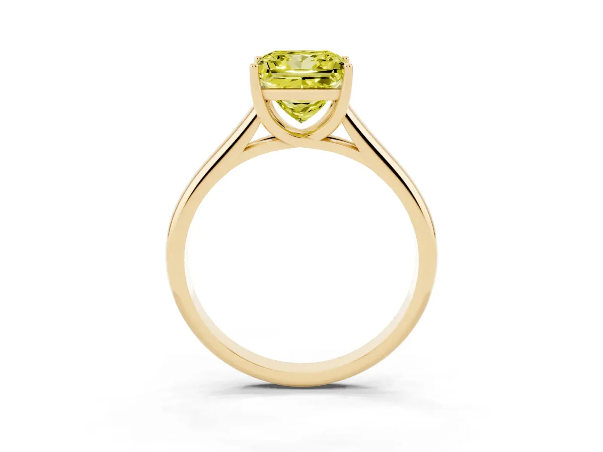Fancy Yellow Princess Cut Solitaire Engagement Ring with Tapered Band and Four-Prong Setting Yellow gold