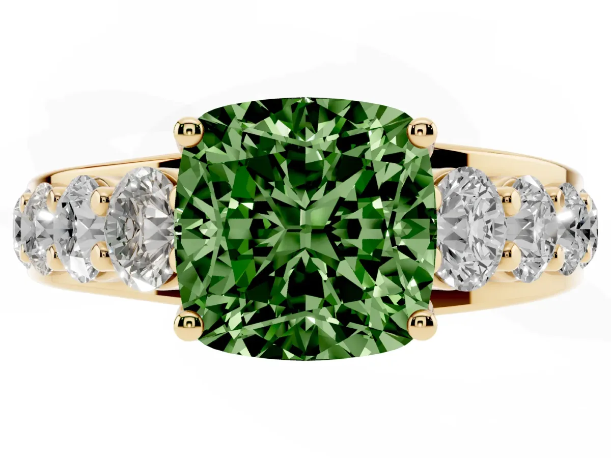 Fancy Green Cushion Cut Diamond Engagement Ring with Pavé Band and Four-Prong Setting Yellow gold