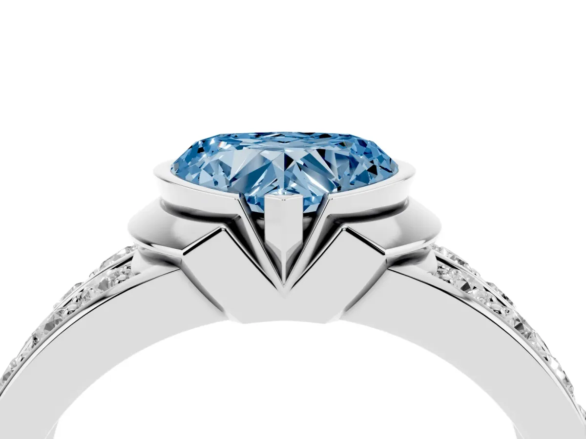 Fancy Blue Heart Cut Brilliant Diamond Channel Set Wide Band Ring with Bezel Setting Silver