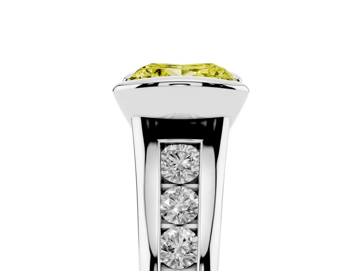 Fancy Yellow Princess Cut Solitaire Bezel-Set Diamond Ring with Channel-Set Band Silver