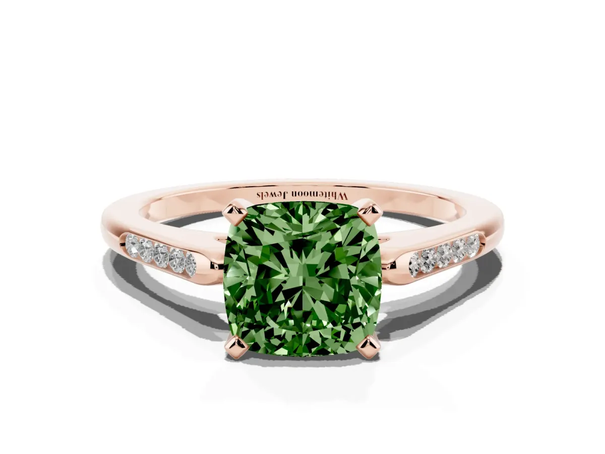 Fancy Green Cushion Cut Diamond Solitaire Ring with Channel Set Round Band and Prong Setting Rose gold