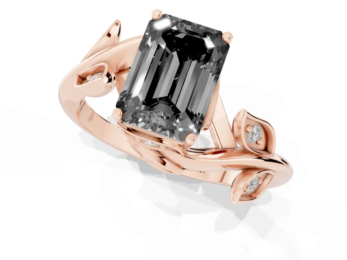 Fancy Black Emerald Cut Solitaire Twist Engagement Ring with Leaf Accents and Prong Setting Rose gold