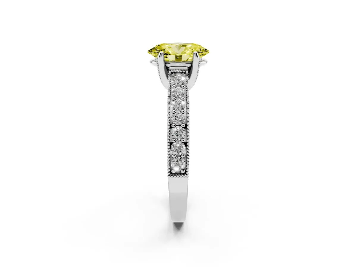 Fancy Yellow Oval Cut Cut Diamond Solitaire Ring with Milgrain Pave Band and Four Prong Setting Silver