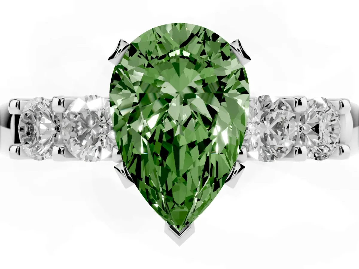 Fancy Green Pear Cut Brilliant Cut Diamond Five-Stone Prong Set Engagement Ring with Channel Band Silver