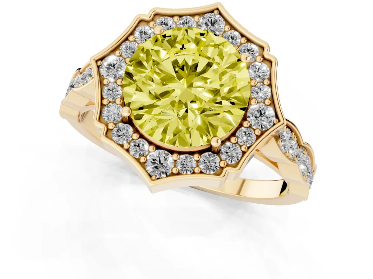 Fancy Yellow Round Cut Halo Diamond Engagement Ring with Milgrain Band and Four-Prong Setting Yellow gold