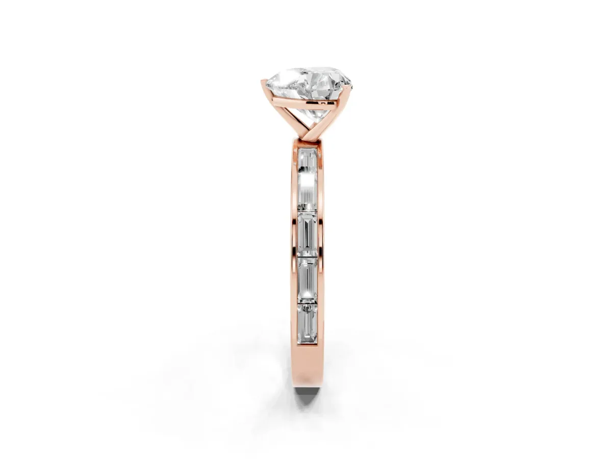 Heart Cut Solitaire Diamond Ring with Channel-Set Baguette Band and Four-Prong Setting Rose gold