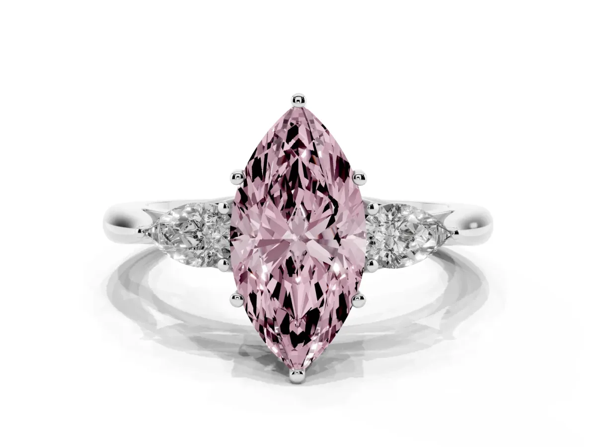 Fancy Pink Three-Stone Marquise Cut Brilliant Diamond Solitaire Ring with Tapered Band and Four-Prong Setting Platinum