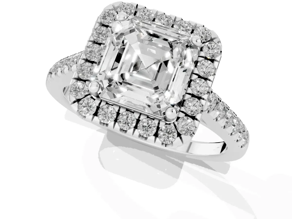 Asscher Cut Halo Pavé Diamond Engagement Ring with Four-Prong Setting Silver