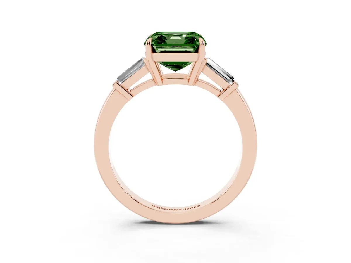 Fancy Green Asscher Cut Diamond Three-Stone Ring with Tapered Baguette Side Stones and Prong Setting Rose gold