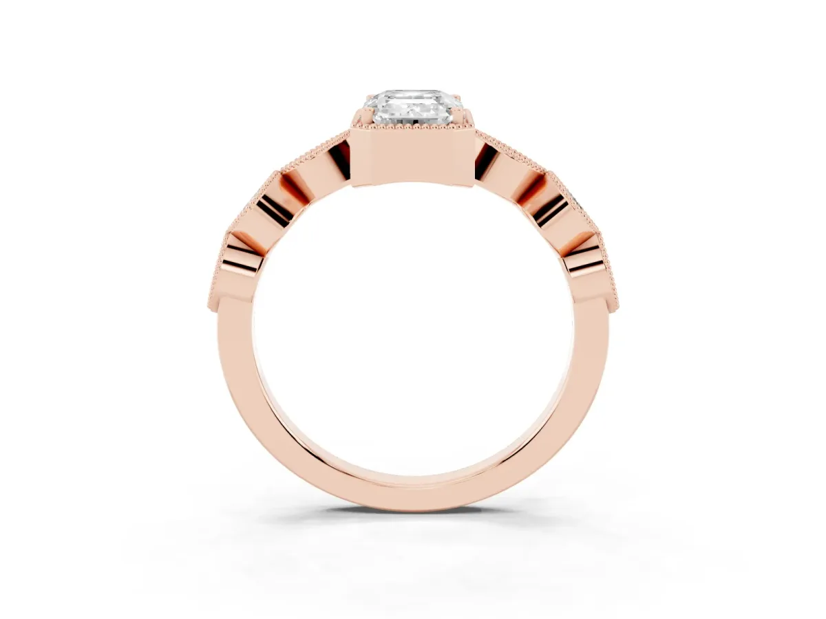 Emerald Cut Diamond Vintage Milgrain Ring with Round Stations Rose gold