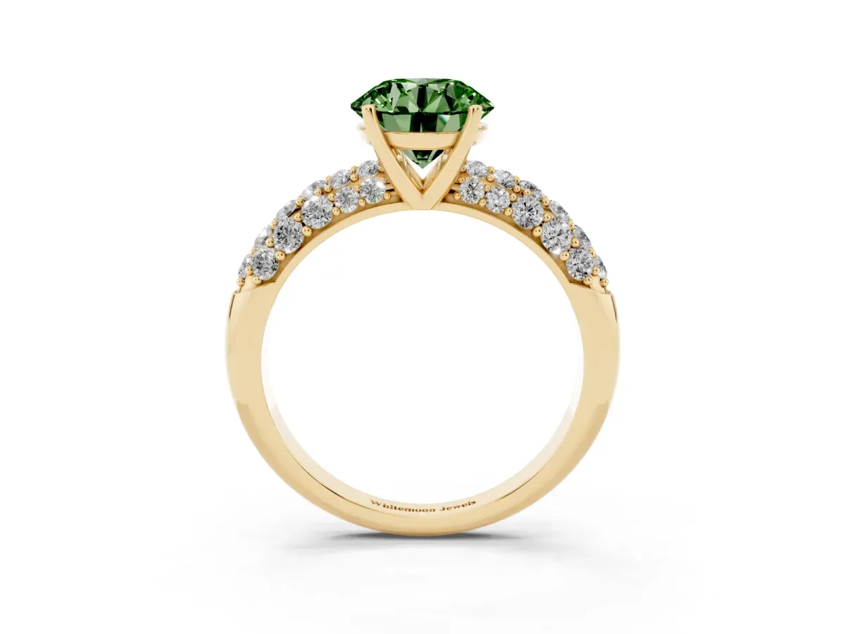 Fancy Green Round Cut Diamond Pavé Band Solitaire Ring with Four-Prong Setting Yellow gold