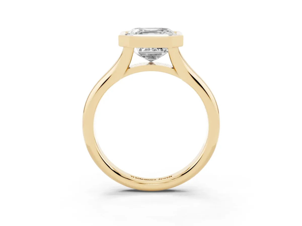 Bezel Set Asscher Cut Solitaire Diamond Ring with Smooth Band Yellow gold