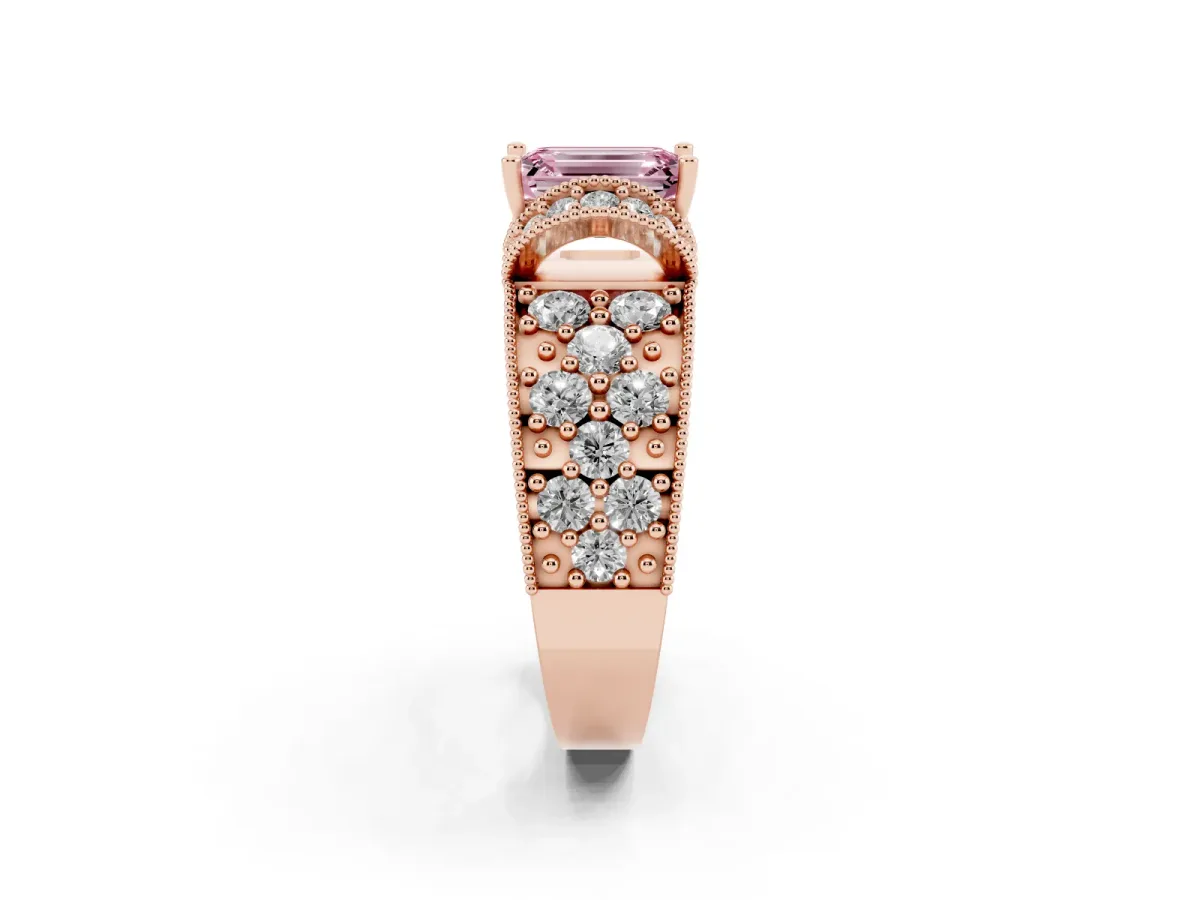 Fancy Pink Emerald Cut Halo Pave Diamond Engagement Ring with Milgrain Detailing Rose gold