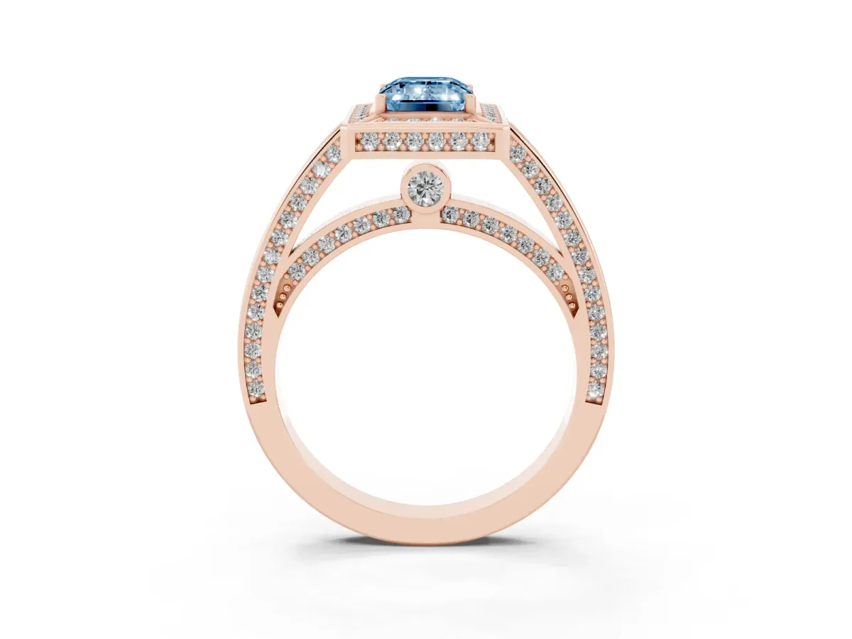 Fancy Blue Emerald Cut Cut Halo Pave Split Shank Prong Setting Ring Rose gold