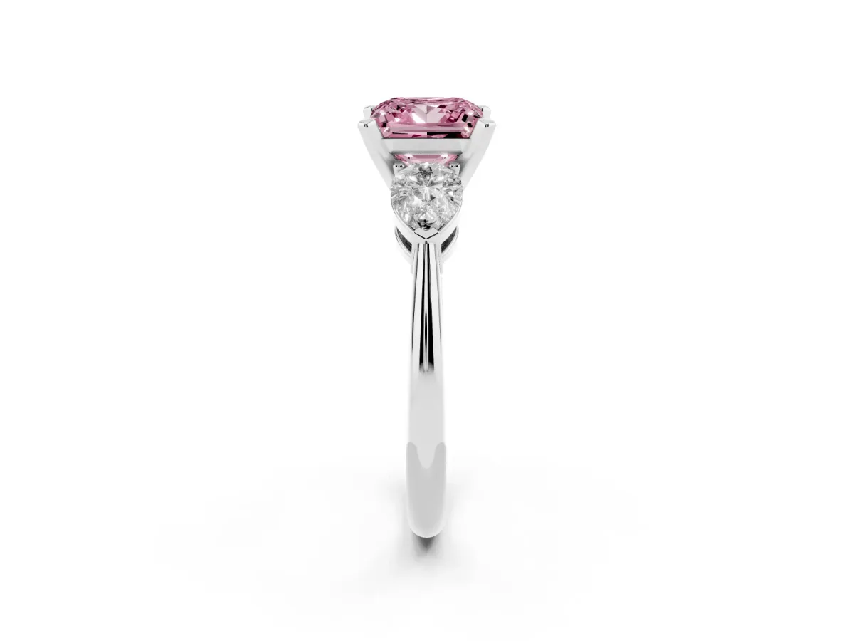 Fancy Pink Three-Stone Princess Cut Diamond Ring with Pear Side Stones and Four-Prong Setting Silver