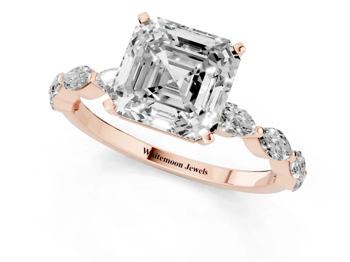 Asscher Cut Diamond Ring with Marquise Side Stones and Prong Setting Rose gold