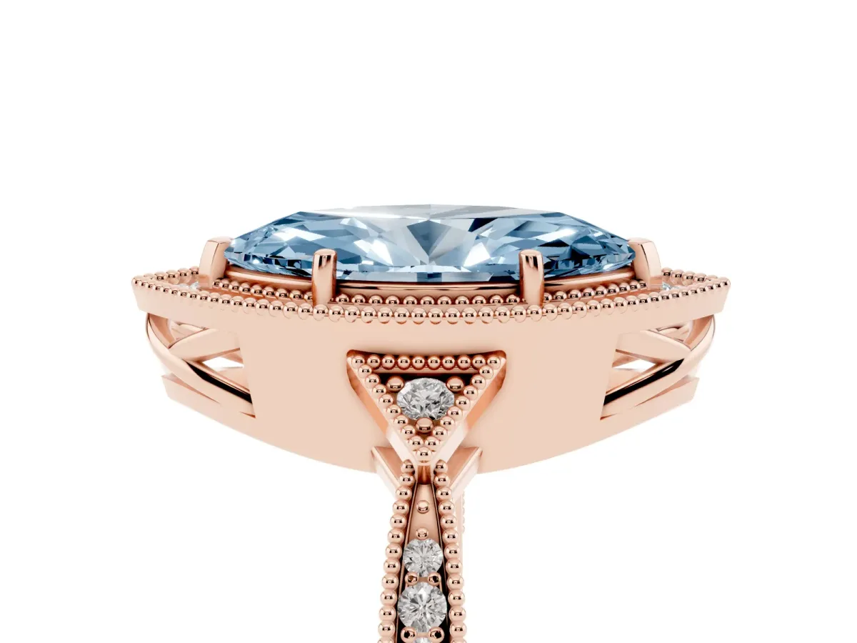 Fancy Blue Marquise Cut Halo Round Diamond Milgrain Pave Engagement Ring Rose gold