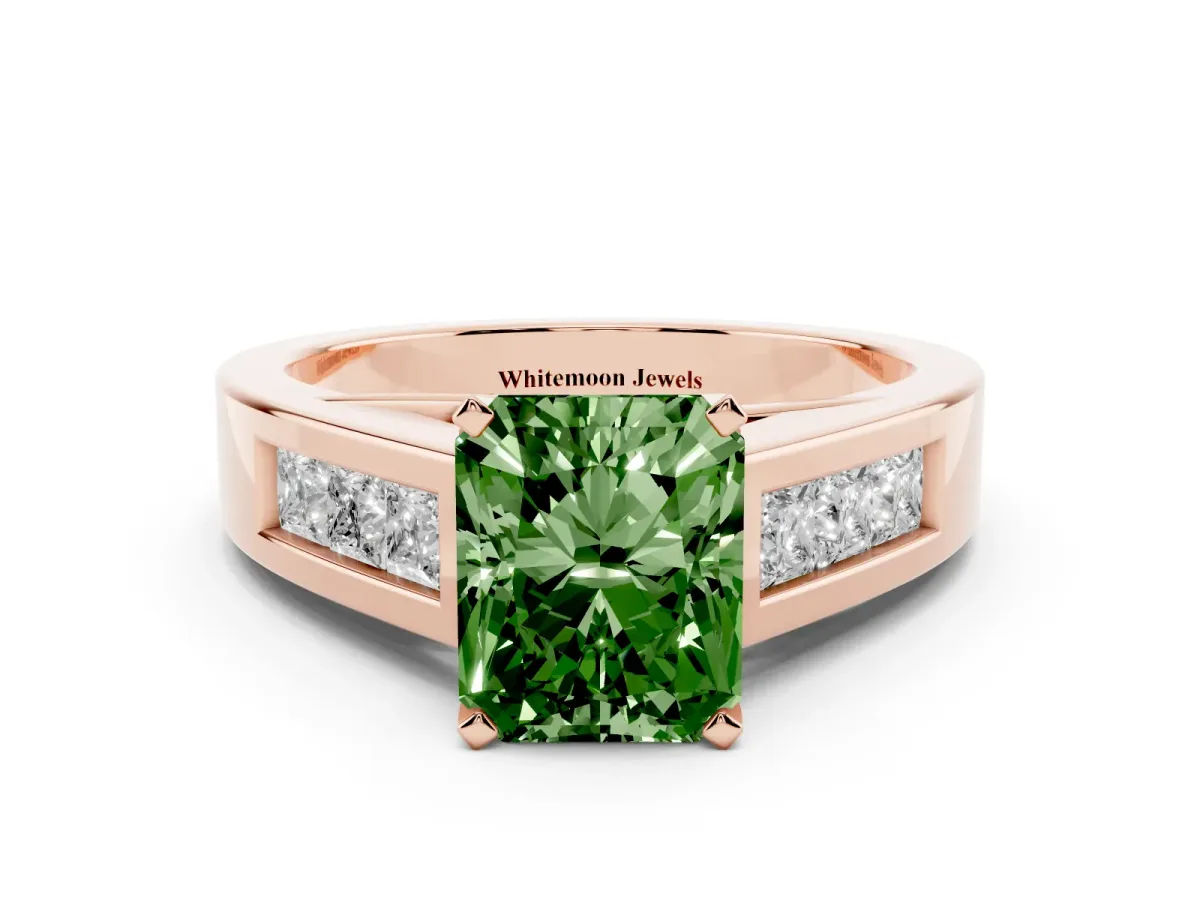 Fancy Green Radiant Cut Cut Channel Set Solitaire Ring with Four-Prong Setting Rose gold