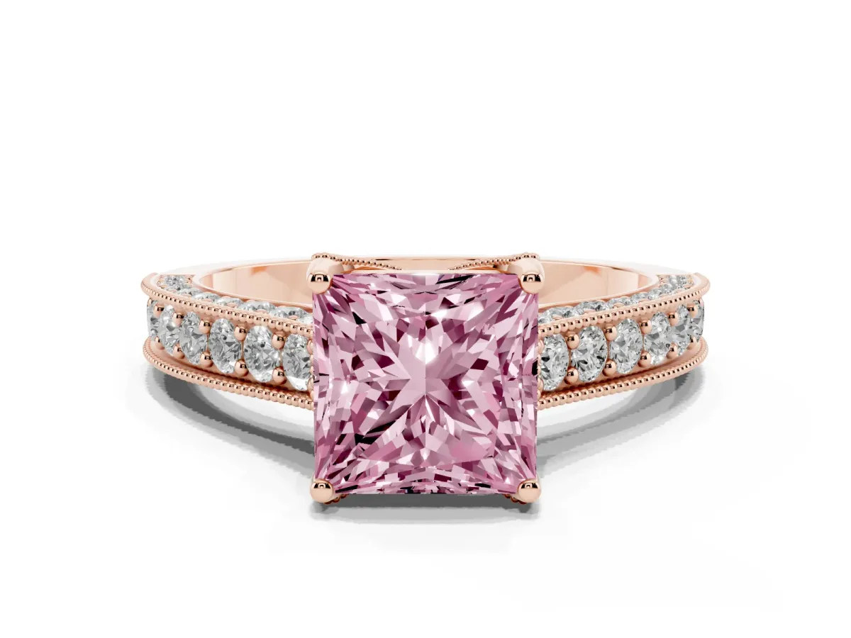 Fancy Pink Princess Cut Cut Diamond Solitaire Ring with Milgrain Pave Band and Four Prong Setting Rose gold