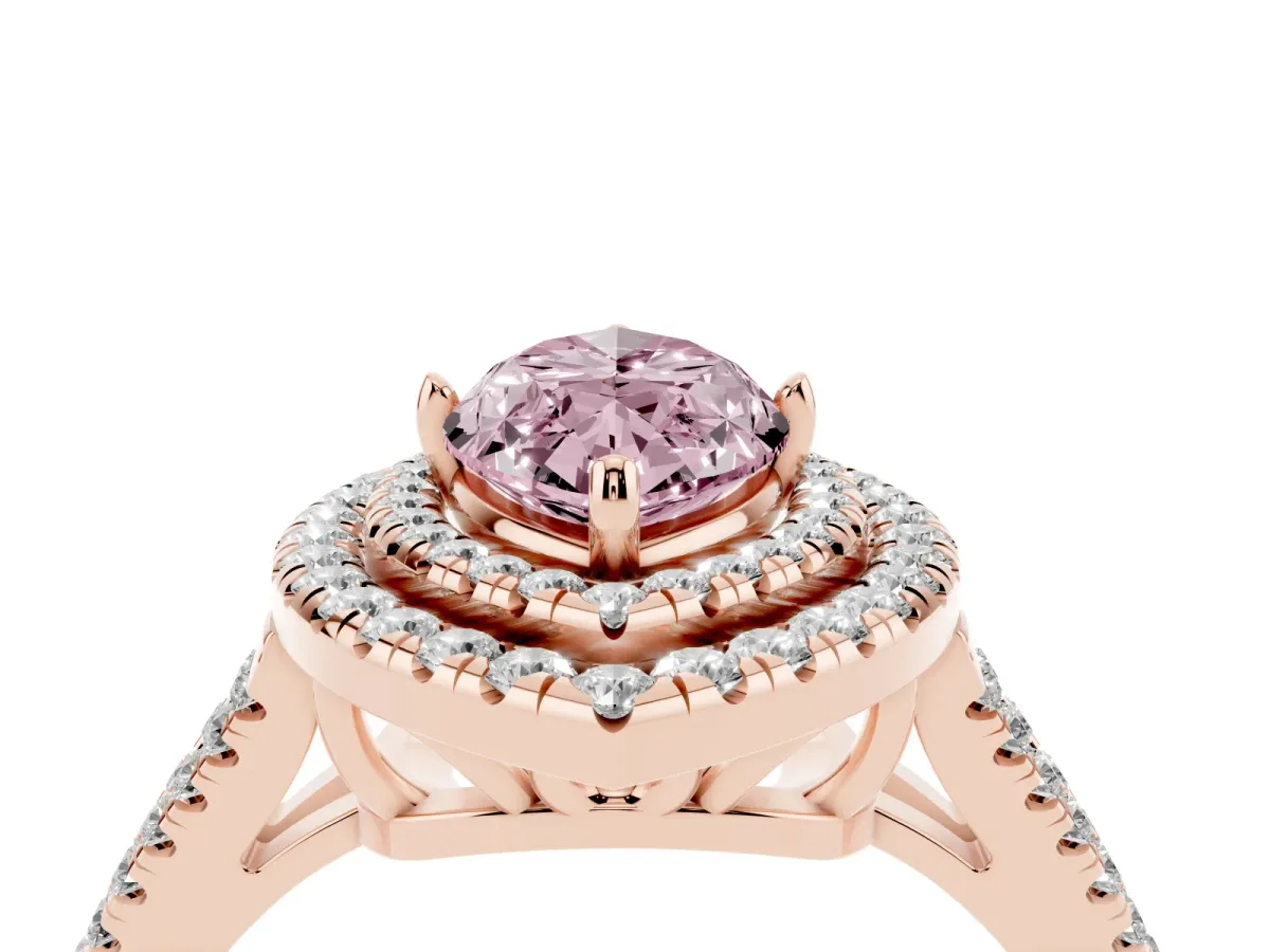 Fancy Pink Marquise Cut Diamond Double Halo Ring with Pavé Band and Prong Setting Rose gold