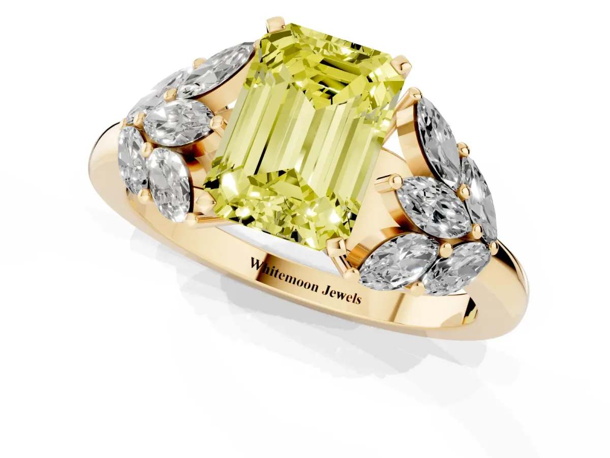 Fancy Yellow Emerald Cut Diamond Cluster Leaf Design Ring with Prong Setting Yellow gold
