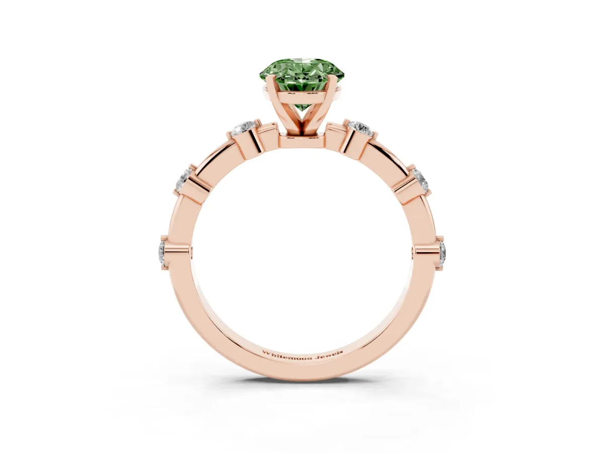 Fancy Green Oval Cut Solitaire Diamond Ring with Bezel Set Side Stones and Prong Setting Rose gold