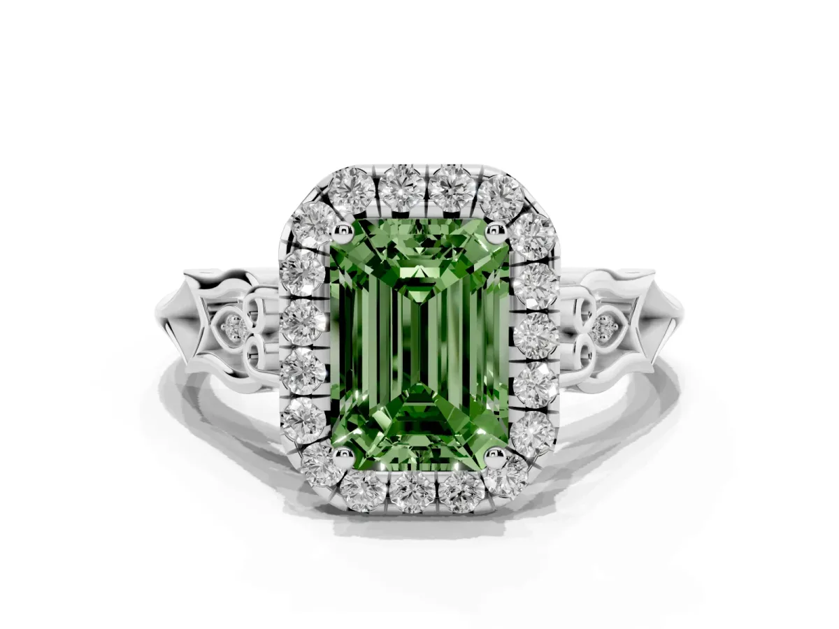 Fancy Green Emerald Cut Halo Diamond Engagement Ring with Filigree Band and Four-Prong Setting Platinum