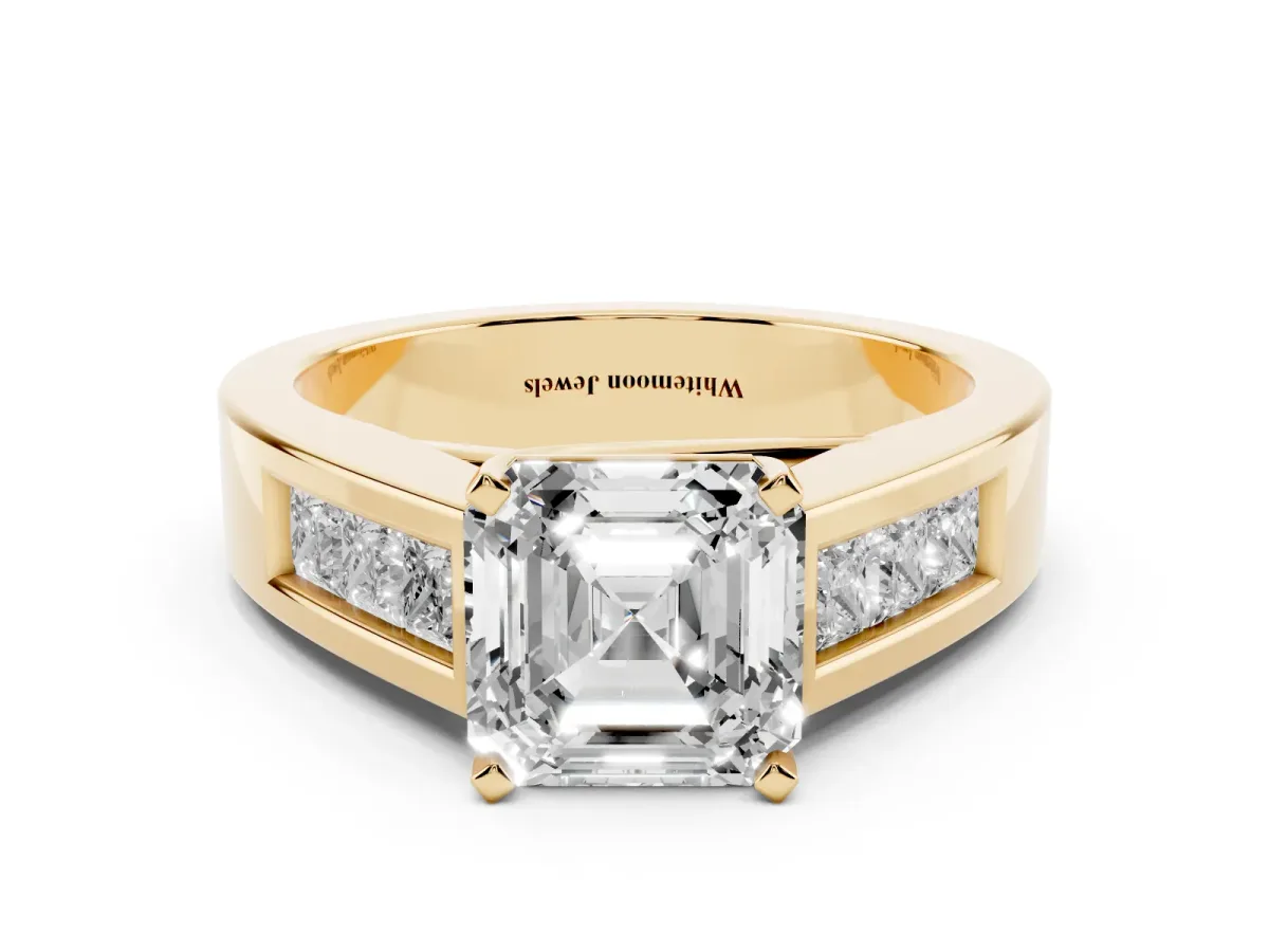 Asscher Cut Cut Channel Set Solitaire Ring with Four-Prong Setting Yellow gold