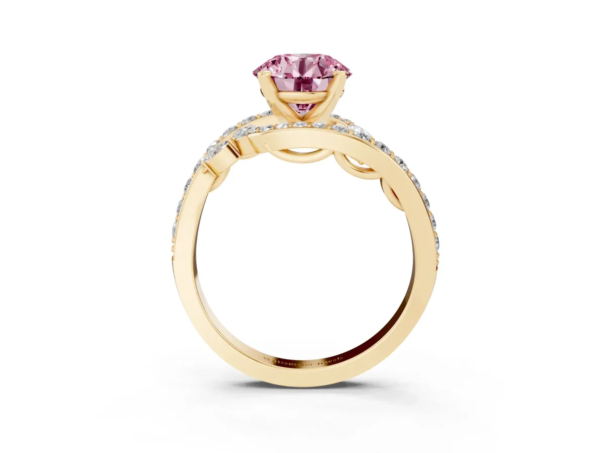 Fancy Pink Round Cut Solitaire with Pavé Twist Band and Four-Prong Setting Yellow gold
