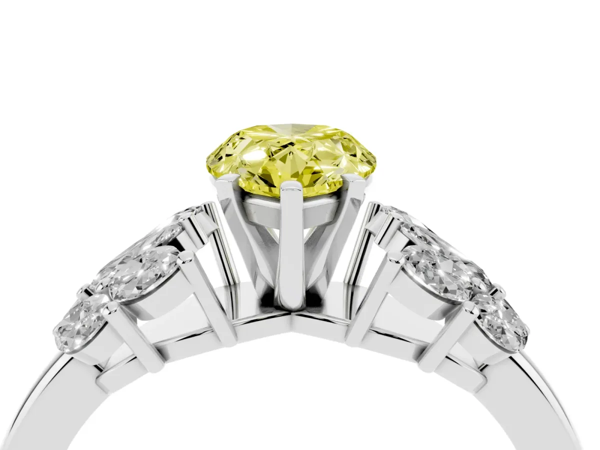 Fancy Yellow Pear Cut Diamond Cluster Leaf Design Ring with Prong Setting Silver