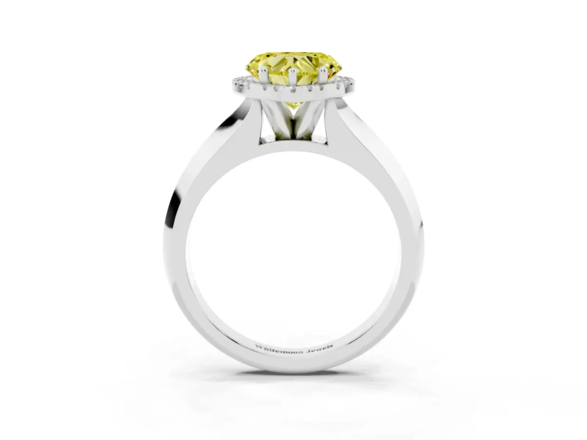 Fancy Yellow Heart Cut Halo Diamond Ring with Cathedral Band and Four-Prong Setting Silver