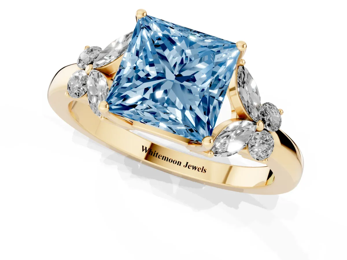 Fancy Blue Princess Cut Cut Solitaire Floral Diamond Ring with Four-Prong Setting Yellow gold