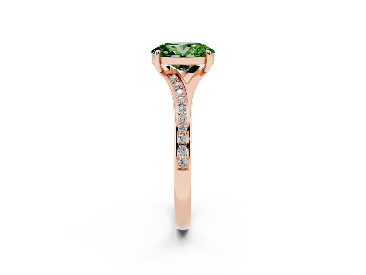 Fancy Green Oval Cut Diamond Solitaire Ring with Pavé Band and Prong Setting Rose gold