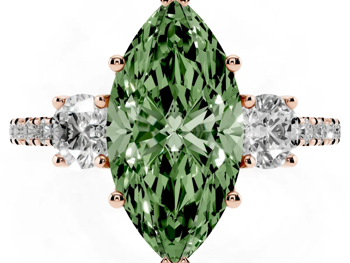 Fancy Green Three-Stone Marquise Cut Cut Diamond Pavé Band with Prong Setting Rose gold