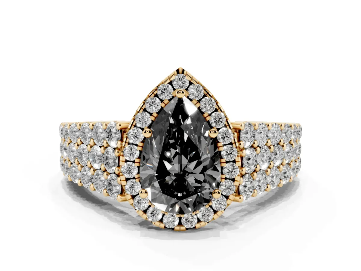 Fancy Black Pear Cut Diamond Halo Engagement Ring with Triple Row Round Pavé Band and Prong Setting Yellow gold