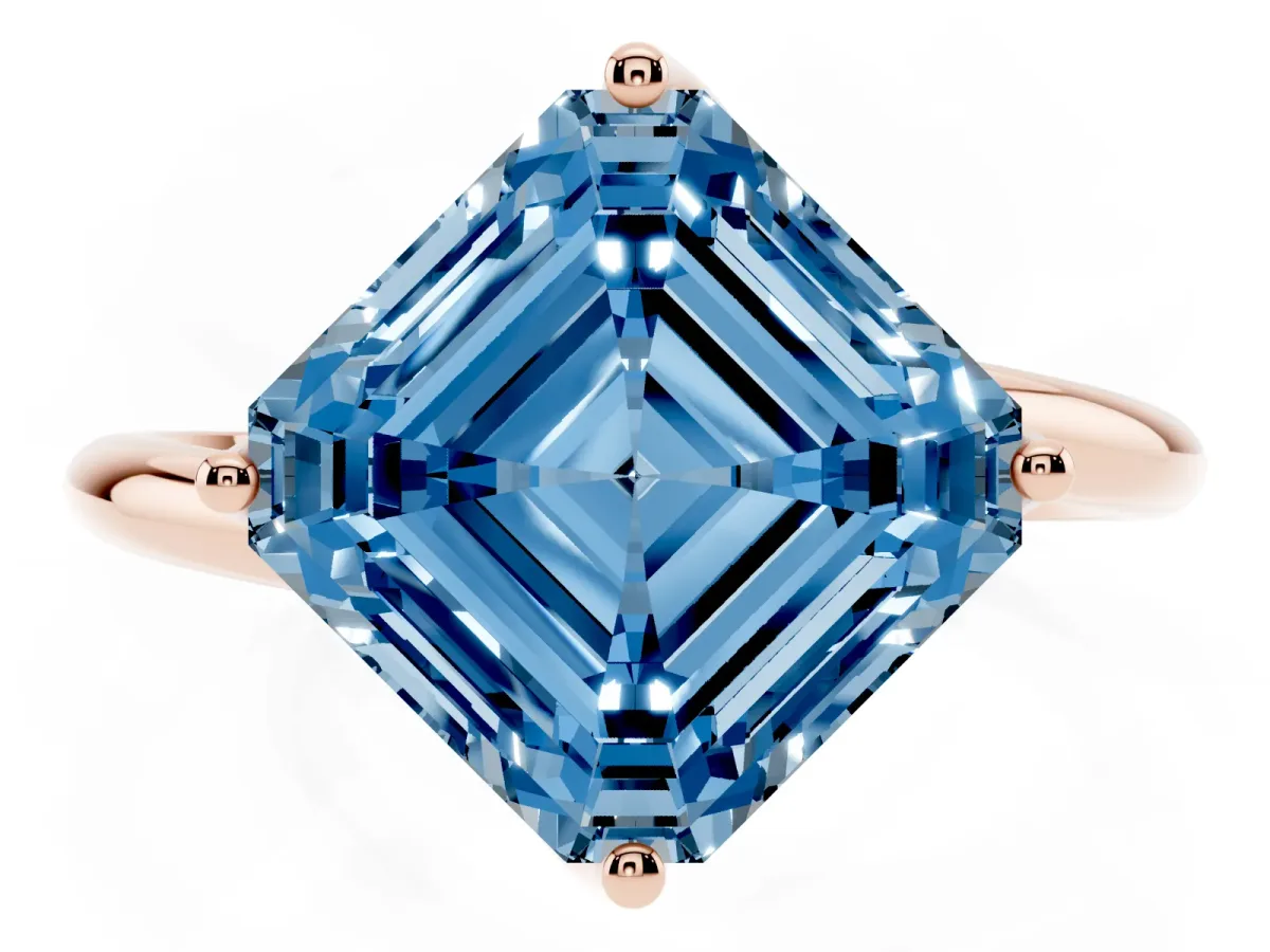 Fancy Blue Asscher Cut Diamond Solitaire Engagement Ring with Four-Prong Setting and Classic Band Rose gold