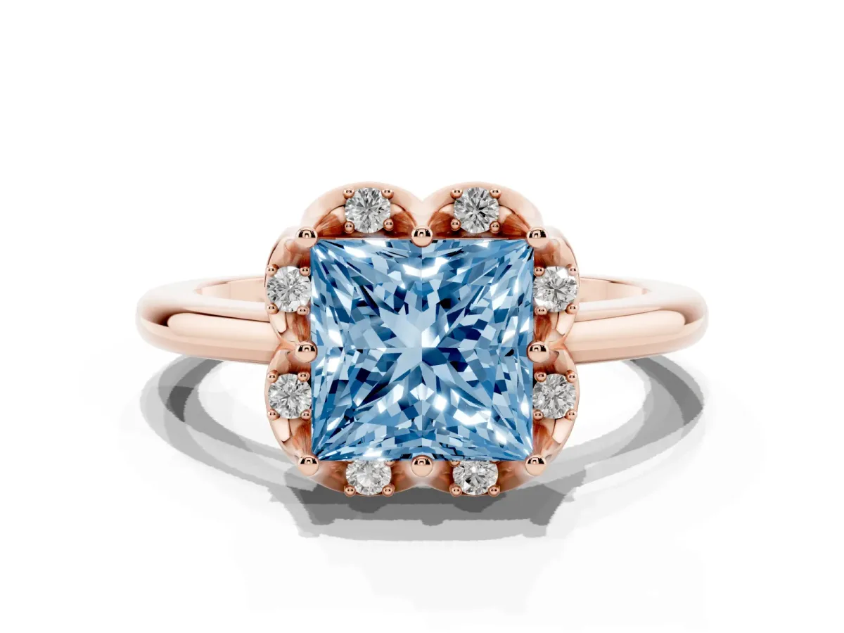 Fancy Blue Princess Cut Halo Diamond Ring with Round Cluster Setting, Solitaire Band, and Four-Prong Setting Rose gold