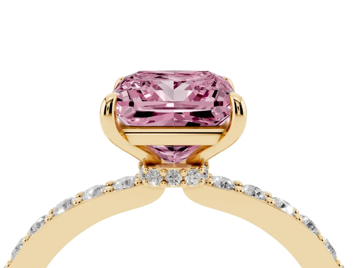 Fancy Pink Princess Cut Diamond Pavé Engagement Ring with Round Accents and Prong Setting Yellow gold