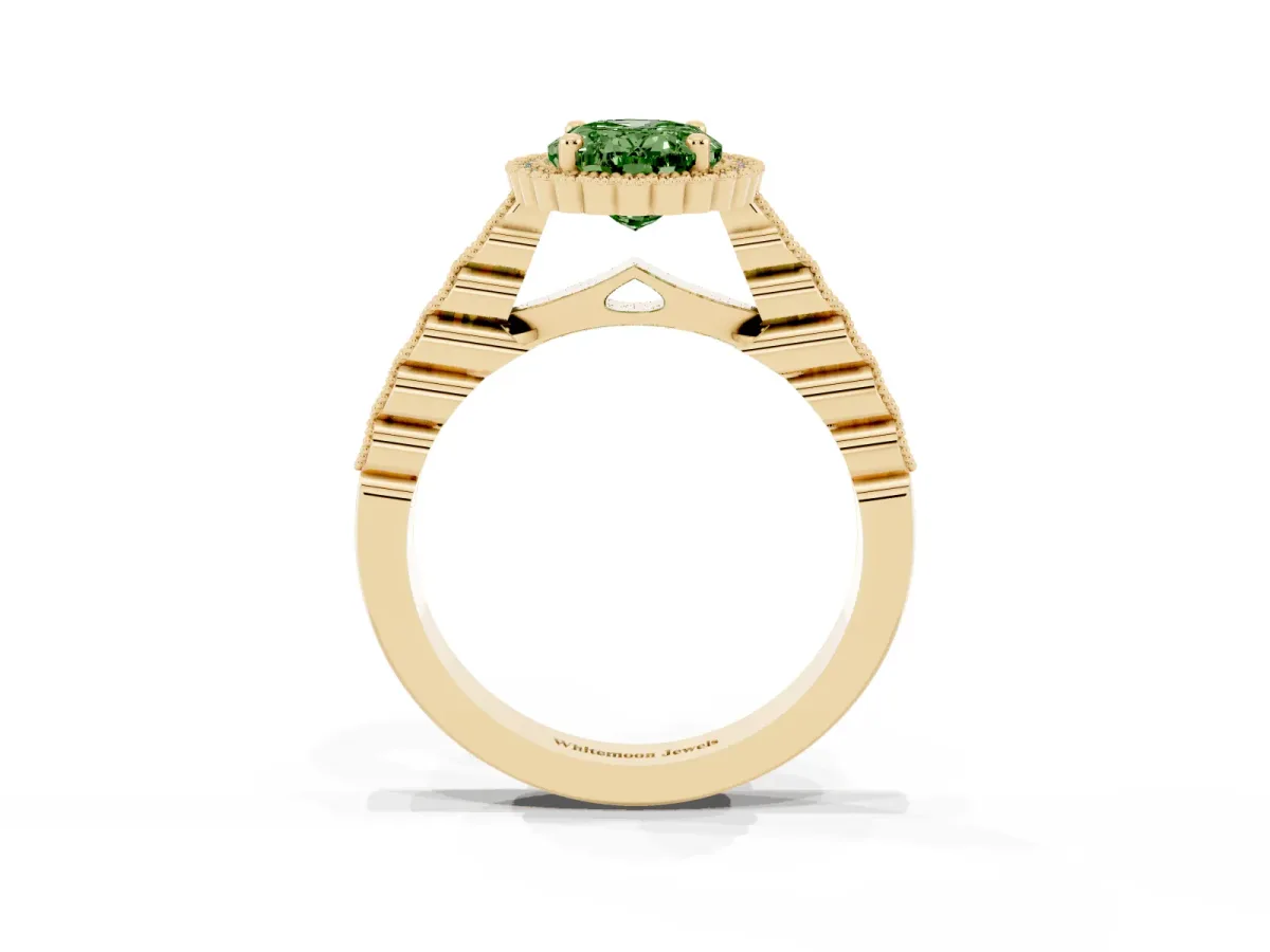 Fancy Green Oval Cut Cut Halo Pavé Solitaire Ring with Milgrain Band Yellow gold