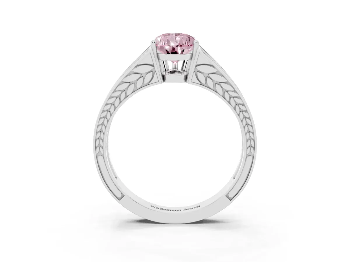 Fancy Pink Pear Cut Diamond Split Shank Ring with Pavé Band and Four-Prong Setting White gold