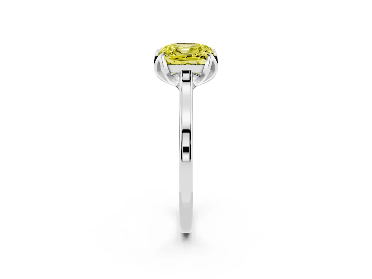 Fancy Yellow Cushion Cut Diamond Solitaire Ring with Flower Prong Setting and Classic Band Silver