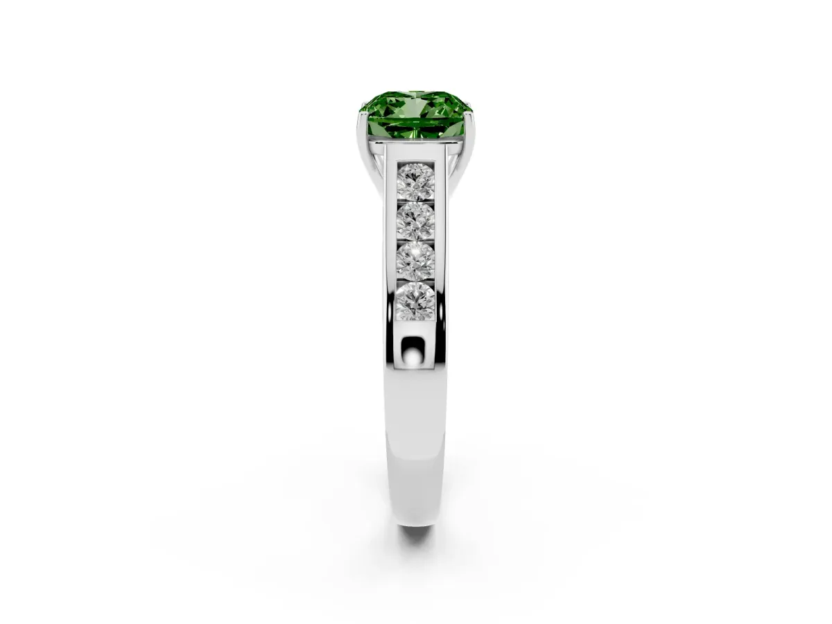 Fancy Green Cushion Cut Brilliant Channel-Set Solitaire Ring with Four-Prong Setting Silver
