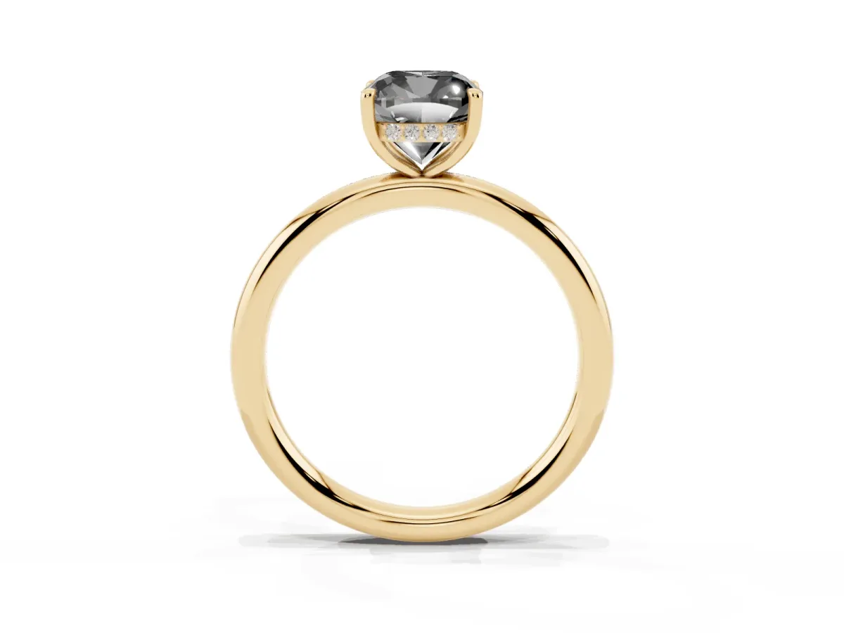 Fancy Black Cushion Cut Diamond Solitaire Ring with Thin Band and Four-Prong Setting Yellow gold
