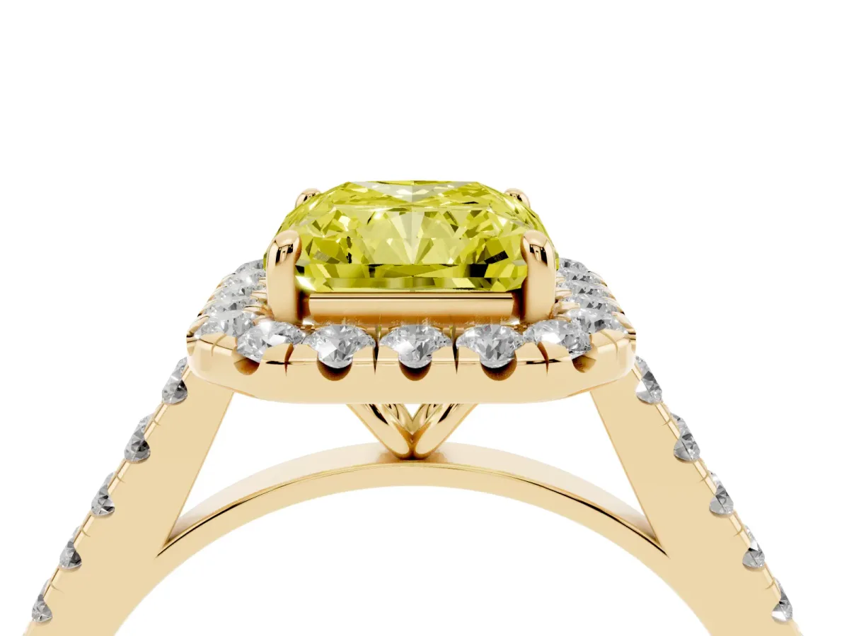 Fancy Yellow Radiant Cut Halo Pave Diamond Engagement Ring with Four-Prong Setting Yellow gold